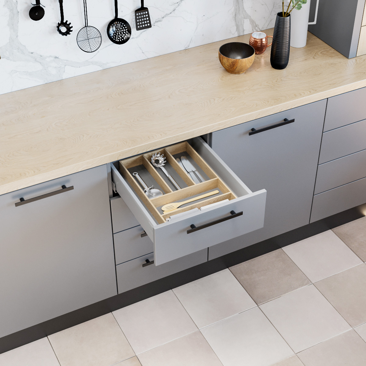 картинка Scandi Ёмкость в базу 400, для столовых приборов, отделка под дуб/белая 